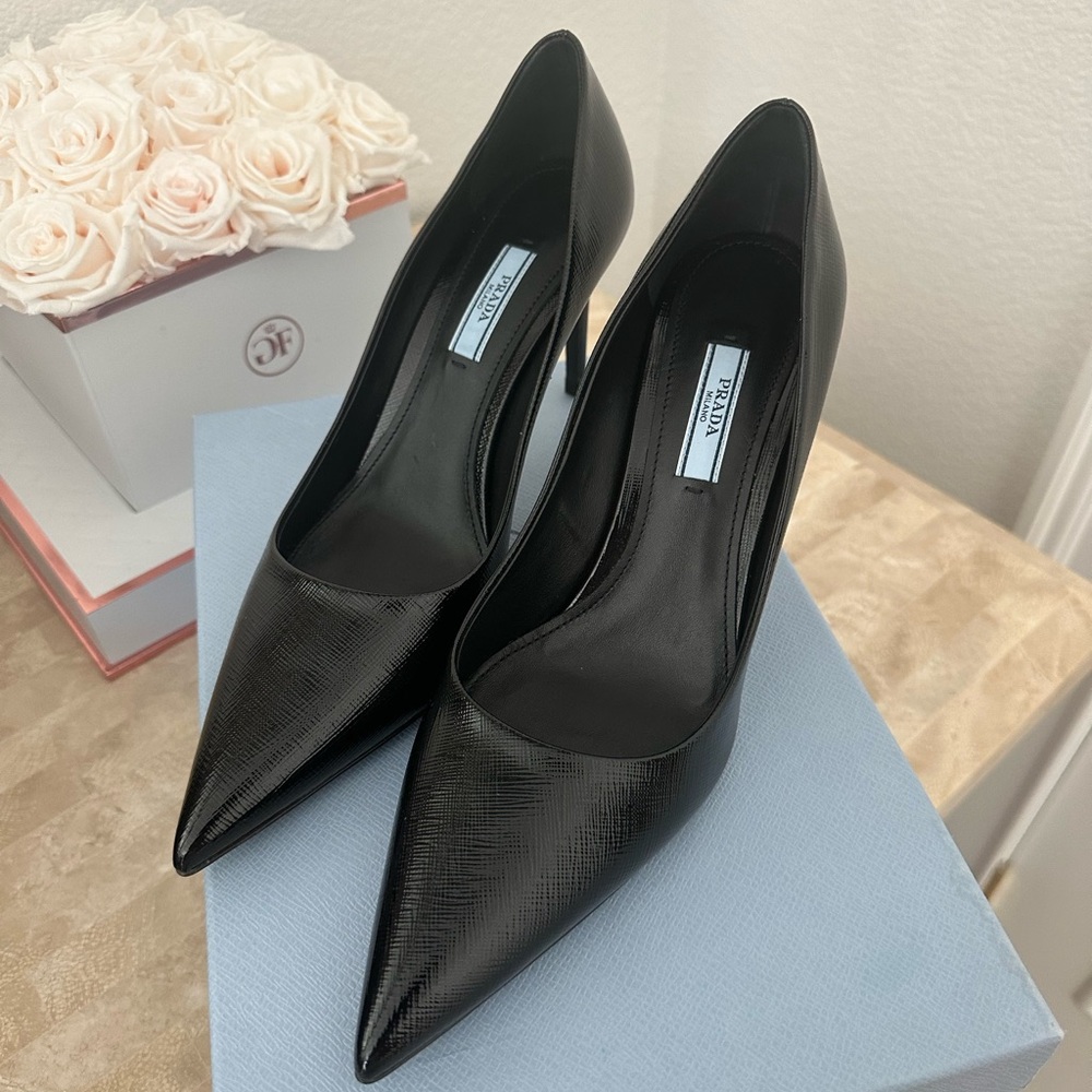 Authentic Prada Saffiano pumps, 88mm heel. Black, brand new and in box.